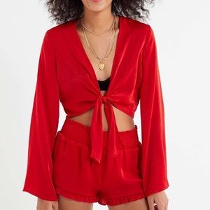 Red Satin Tie Front Top